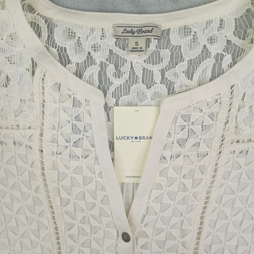Lucky Brand Womens Boho Lace Button Up Top Cream Size Small Romantic Coquette - Picture 5 of 11